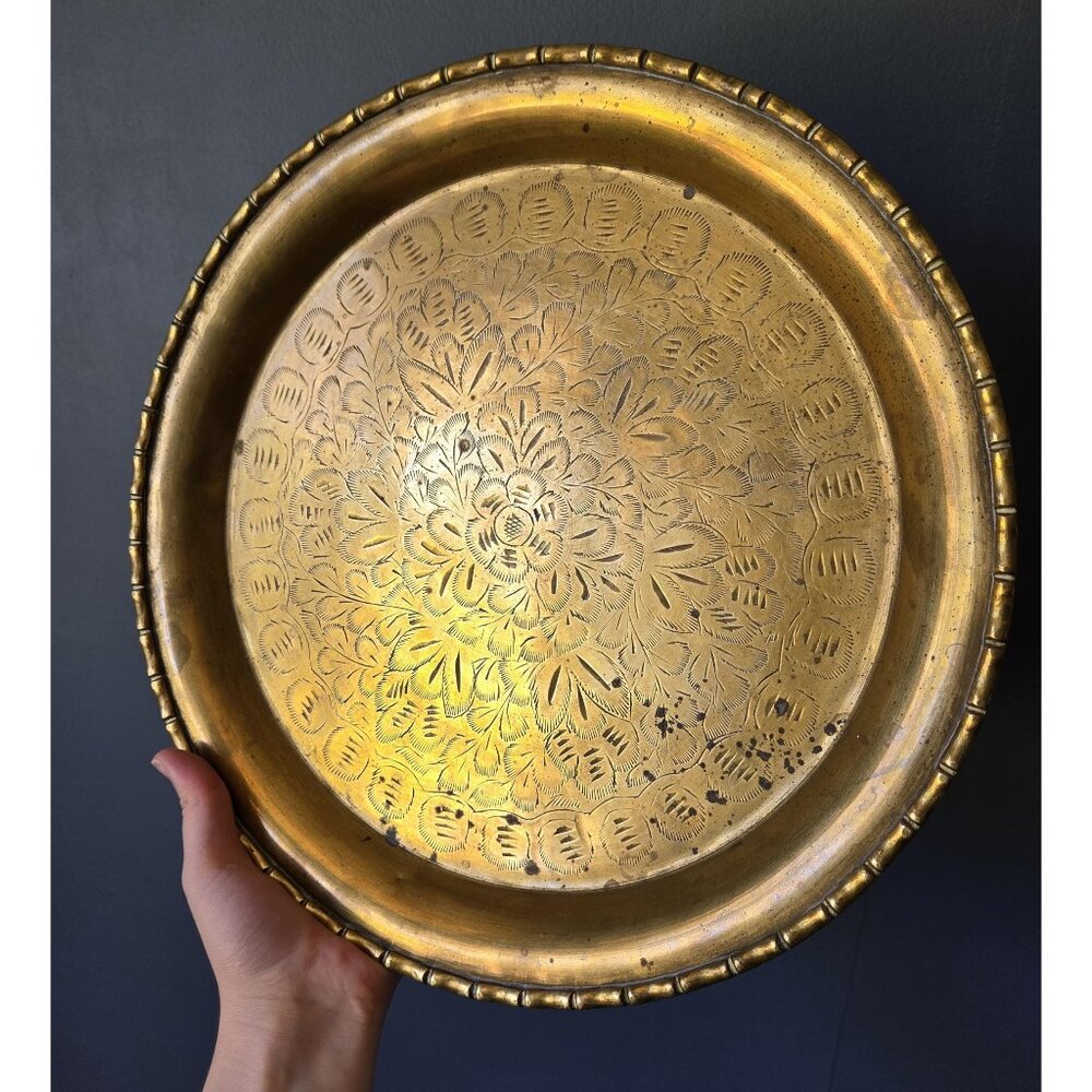 Solid Brass Etched Tray with Floral Engravings Large Shallow Decorative Platter